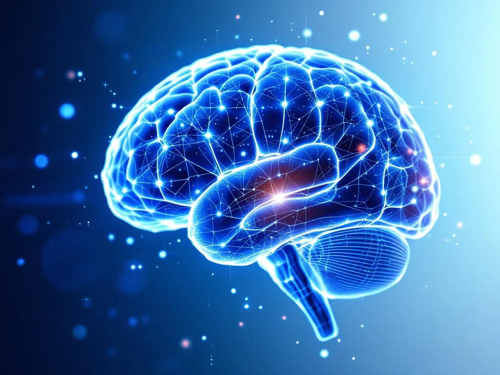 Translucent brain model with glowing blue neural networks surrounded by holographic medical data and AI circuit patterns