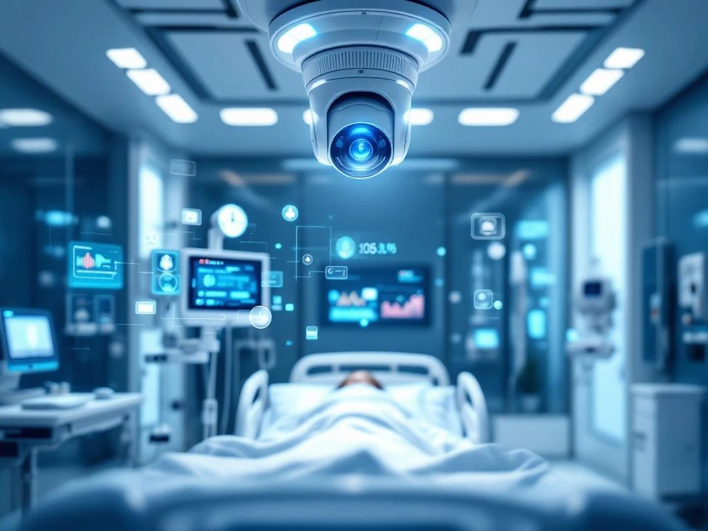 Modern hospital room with AI monitoring camera system above patient bed displaying real-time health data on medical screens