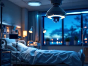 Modern hospital room at night with AI camera system mounted on ceiling, patient bed, medical equipment, and blue ambient lighting creating secure healthcare environment.