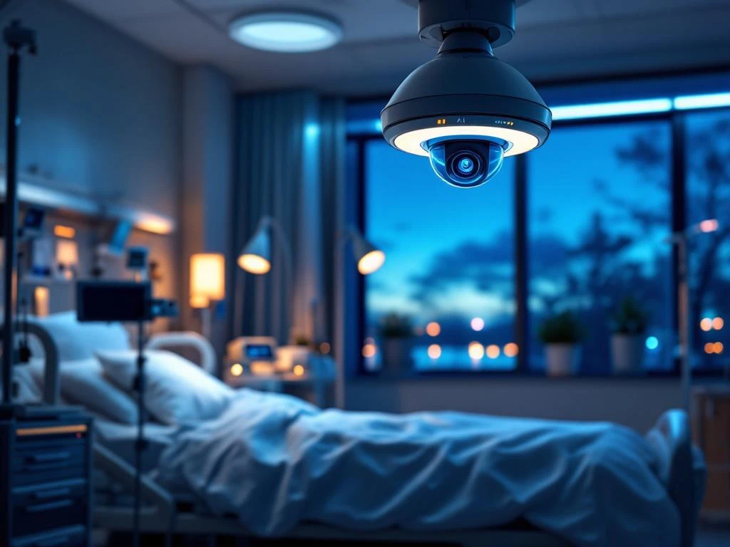Modern hospital room at night with AI camera system mounted on ceiling, patient bed, medical equipment, and blue ambient lighting creating secure healthcare environment.