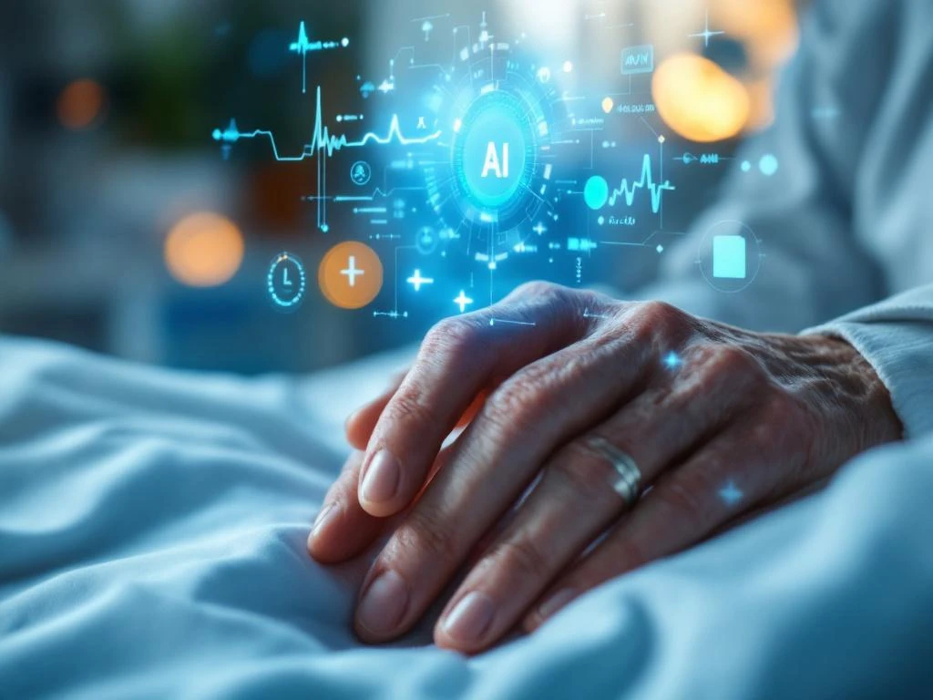 Elderly patient's hands on hospital bed with holographic AI interface displaying vital signs in blue light above
