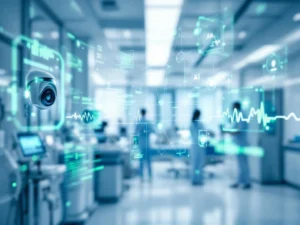 AI monitoring system with holographic health data displays and vital sign indicators in modern healthcare facility