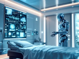 Modern healthcare facility with AI monitoring screens and robotic sensor over hospital bed, featuring blue lighting and digital displays.
