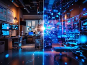 Split-screen showing traditional healthcare with paper charts transforming into AI-powered digital healthcare systems