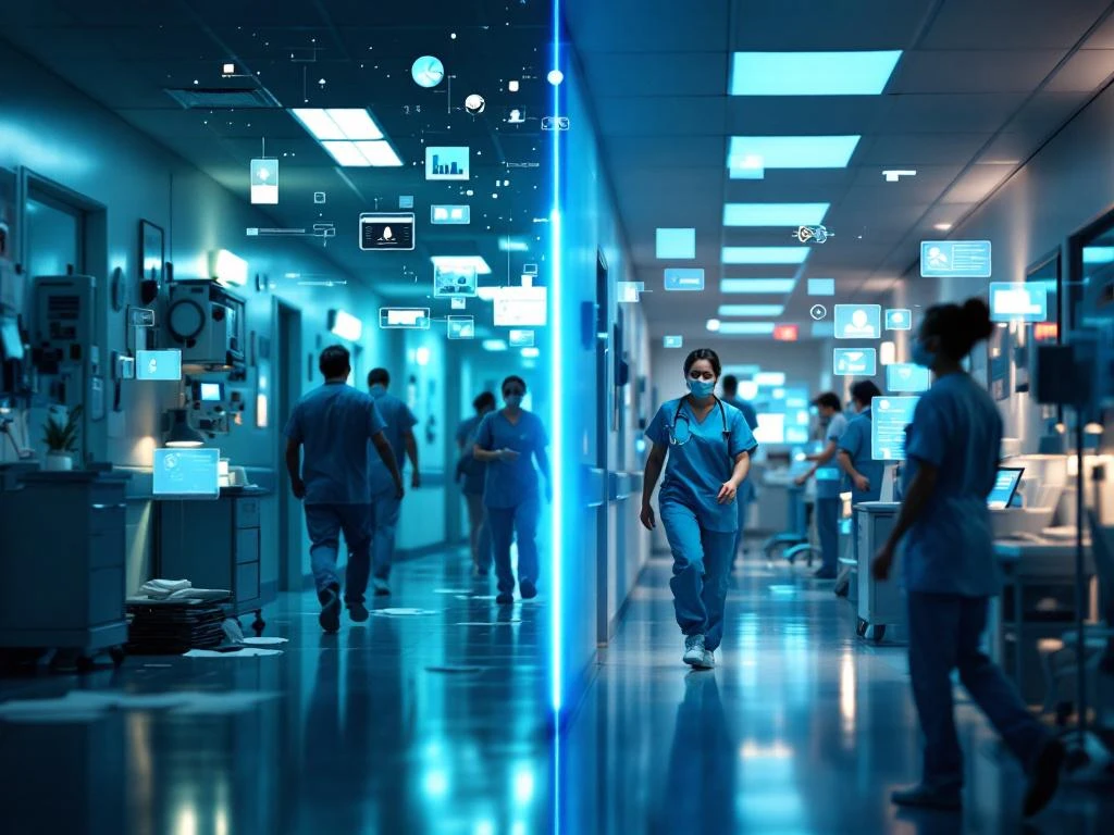 Healthcare corridor split-screen: chaotic nursing staff with paperwork on left, AI-enhanced calm environment with digital monitoring on right.
