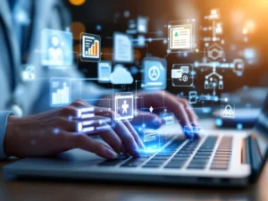 Hands typing on laptop with holographic AI medical interface displaying charts and workflow automation icons above screen.