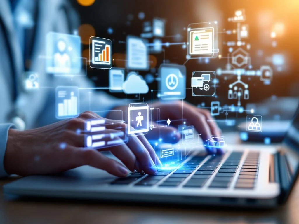Hands typing on laptop with holographic AI medical interface displaying charts and workflow automation icons above screen.