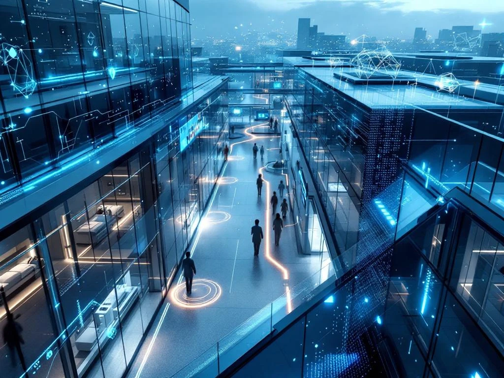 Modern healthcare facility with glass architecture featuring blue digital neural networks and AI monitoring systems in patient rooms