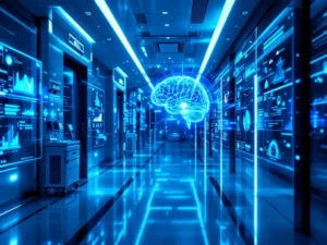 Futuristic hospital corridor with holographic AI interfaces, digital brain display, and advanced medical technology in blue lighting.