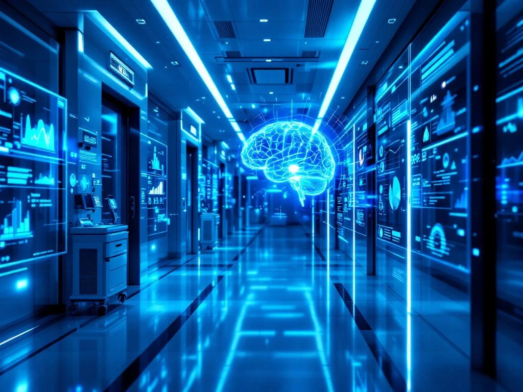 Futuristic hospital corridor with holographic AI interfaces, digital brain display, and advanced medical technology in blue lighting.