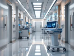 Modern hospital corridor with AI monitoring device displaying blue LED indicators and holographic data streams in clean medical environment.