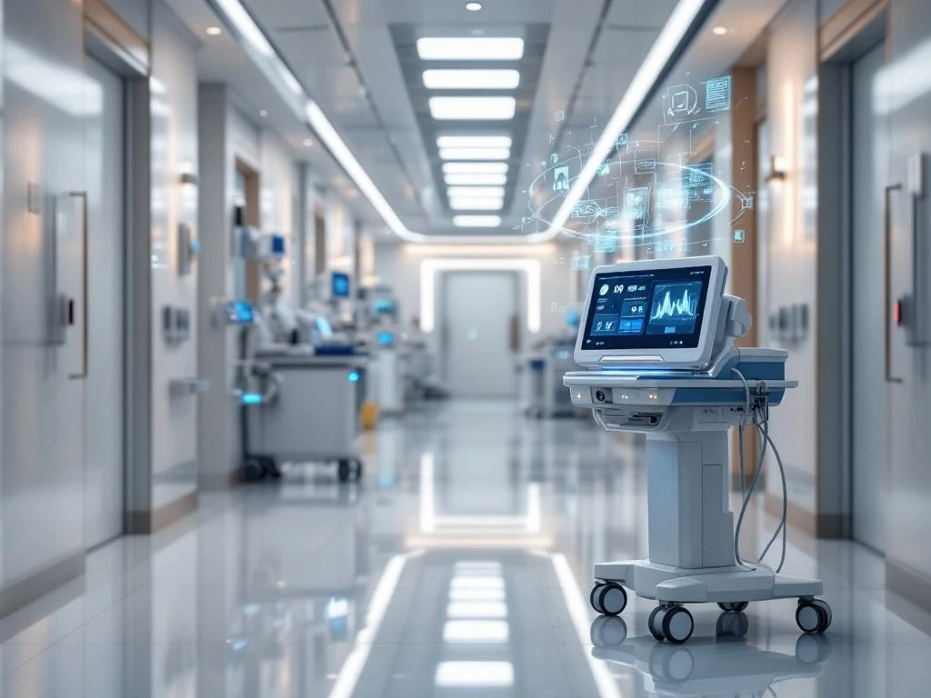 Modern hospital corridor with AI monitoring device displaying blue LED indicators and holographic data streams in clean medical environment.