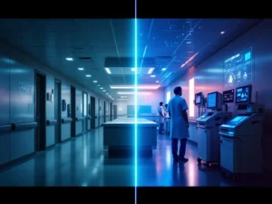 Split-screen hospital corridor showing empty nursing station on left versus AI-enhanced healthcare space with digital monitoring systems on right.