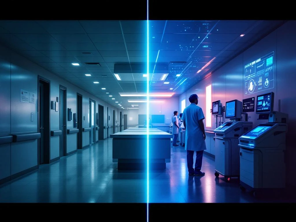 Split-screen hospital corridor showing empty nursing station on left versus AI-enhanced healthcare space with digital monitoring systems on right.