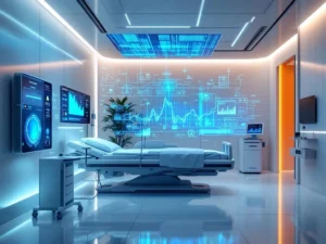 Futuristic healthcare monitoring room with AI holographic data displays above hospital bed and embedded digital sensors