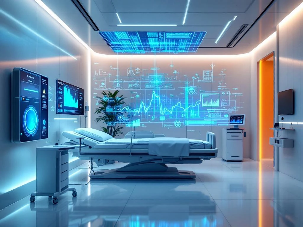 Futuristic healthcare monitoring room with AI holographic data displays above hospital bed and embedded digital sensors