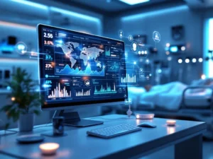 Futuristic healthcare monitoring room with AI workstation displaying holographic data charts and connected medical devices in blue ambient lighting.