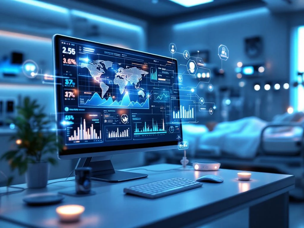 Futuristic healthcare monitoring room with AI workstation displaying holographic data charts and connected medical devices in blue ambient lighting.