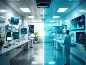 Split-screen comparing traditional analog medical monitoring equipment with modern AI-powered digital healthcare displays and data visualization.