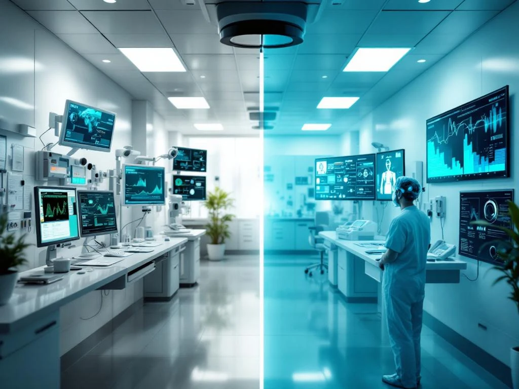 Split-screen comparing traditional analog medical monitoring equipment with modern AI-powered digital healthcare displays and data visualization.
