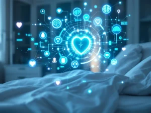Futuristic AI healthcare network with glowing blue neural pathways connecting medical icons above modern hospital bed