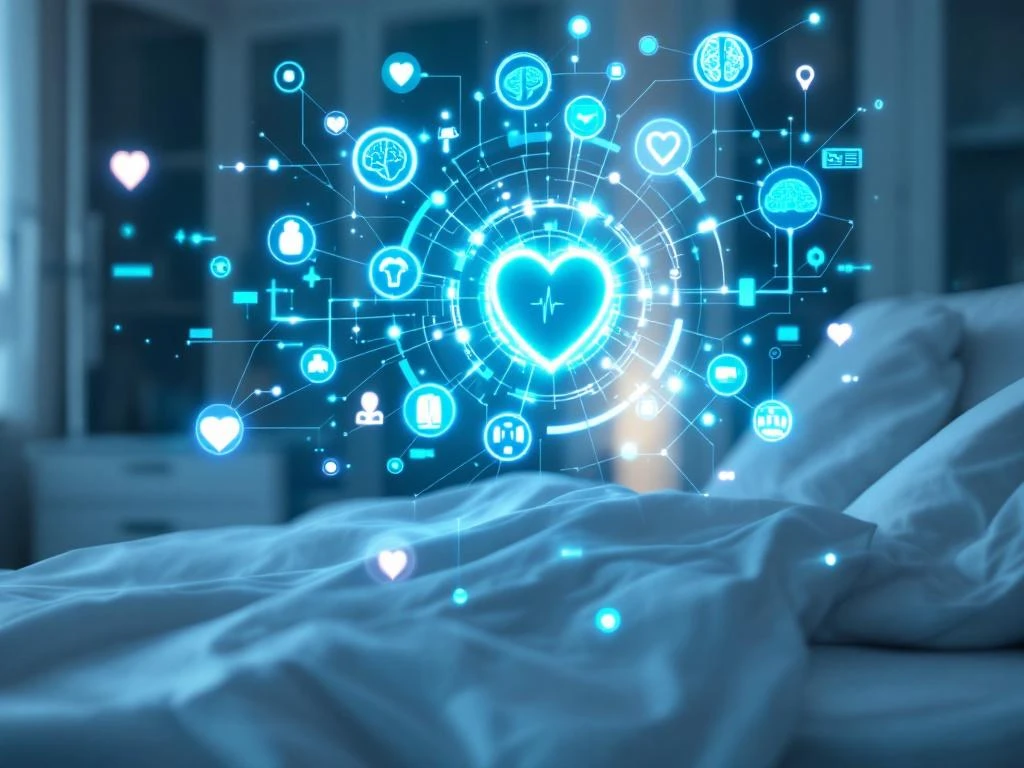 Futuristic AI healthcare network with glowing blue neural pathways connecting medical icons above modern hospital bed
