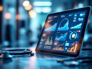 Digital tablet displaying AI health analytics dashboard with glowing graphs in hospital setting with stethoscope nearby