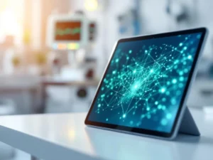 Modern tablet displaying glowing AI neural network patterns in blue and green on white medical desk with healthcare equipment