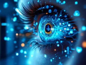 Digital eye with circuit patterns and neural networks surrounded by floating medical symbols including DNA helixes and brain scans