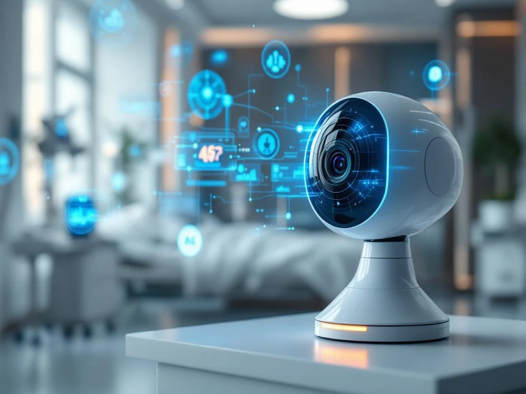 Advanced AI medical monitoring system with glowing blue neural networks and camera sensor in modern hospital room