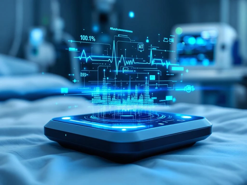 Geavanceerd medisch monitoringapparaat met AI-circuits en holografische vitale functies op ziekenhuistafel