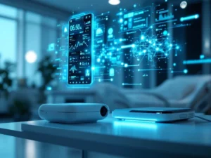 Advanced medical monitoring equipment with holographic AI interface elements in modern hospital room with patient bed