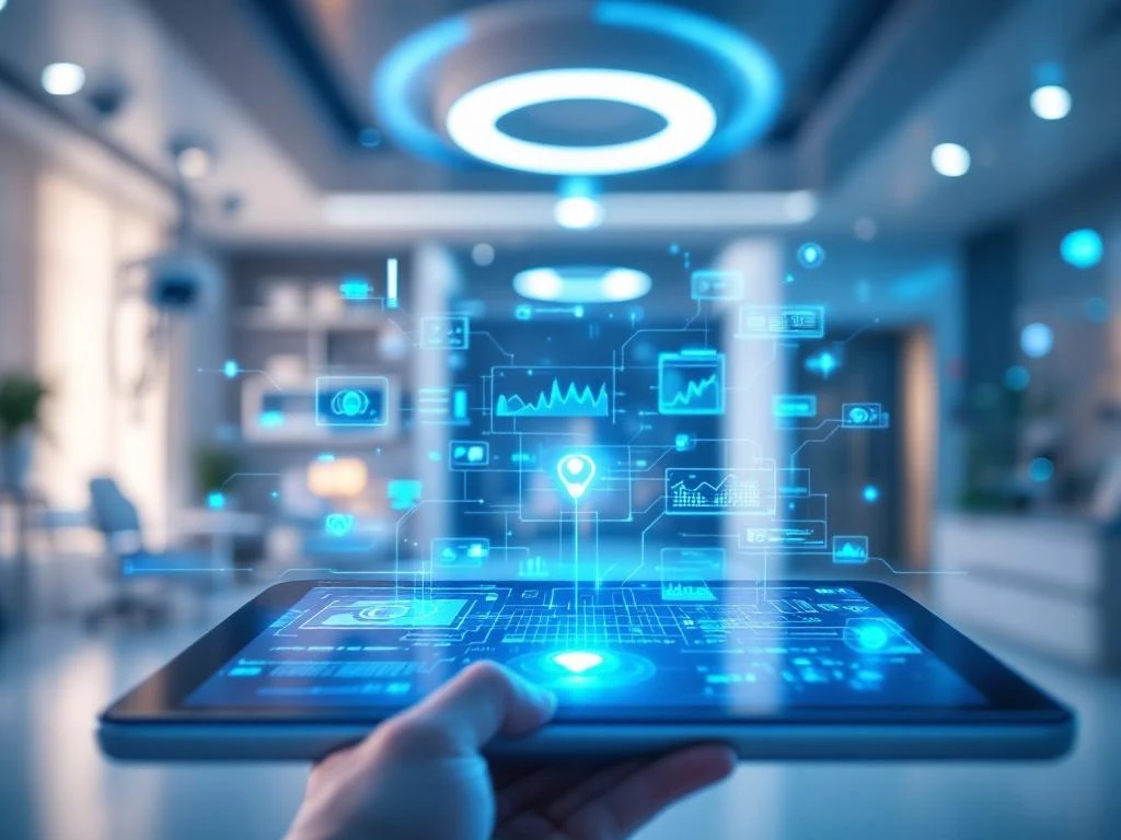 Modern hospital room with AI medical monitoring equipment, holographic data displays, and integrated sensors showing real-time health analytics.