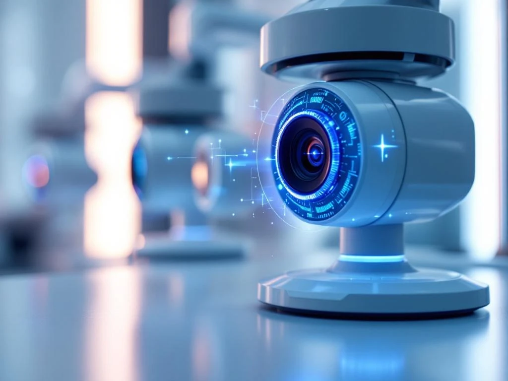Advanced AI medical monitoring equipment with glowing blue circuits in modern hospital room with intelligent camera sensor.