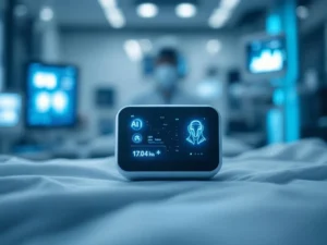AI monitoring device with blue sensors above hospital bed displaying vital signs on digital screens in modern medical facility.