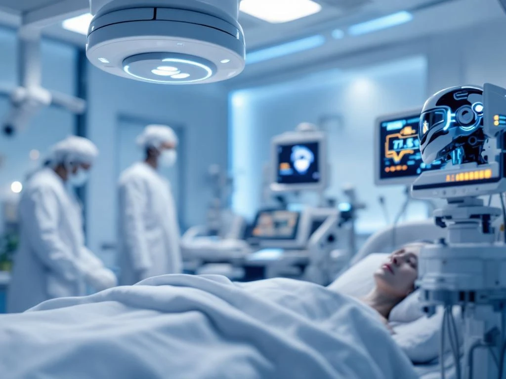 Modern hospital room with AI monitoring camera above patient bed and digital medical equipment displaying vital signs