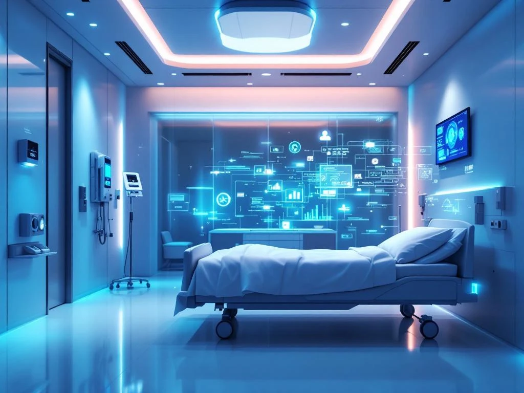 Modern hospital room with AI monitoring sensors on ceiling, empty patient bed, and holographic data streams in blue ambient lighting.
