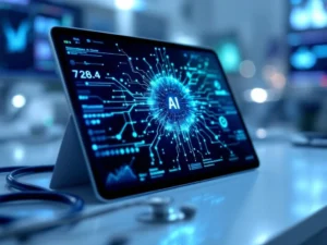 Tablet displaying glowing AI neural network visualization in blue and green on medical surface with stethoscope and monitors