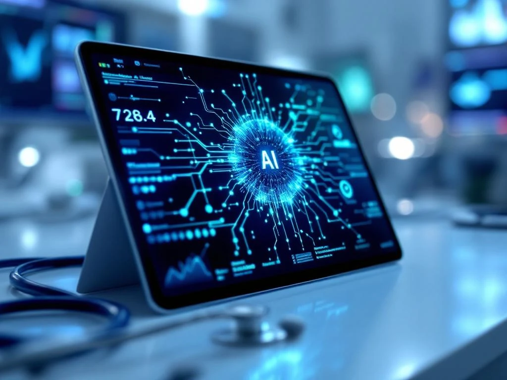 Tablet displaying glowing AI neural network visualization in blue and green on medical surface with stethoscope and monitors
