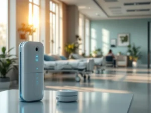 Modern healthcare facility with AI monitoring devices, smart eldercare equipment, and natural lighting in calming teal interior.