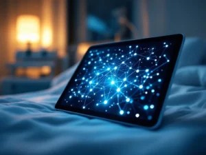 Digital tablet displaying AI neural network patterns on hospital bedside table with medical equipment in background