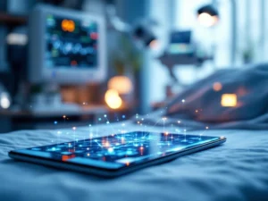 Tablet displaying AI neural network patterns on hospital bedside table with medical monitoring equipment in background