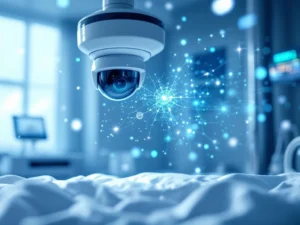 Modern hospital room with AI monitoring camera and holographic data displays showing healthcare technology integration