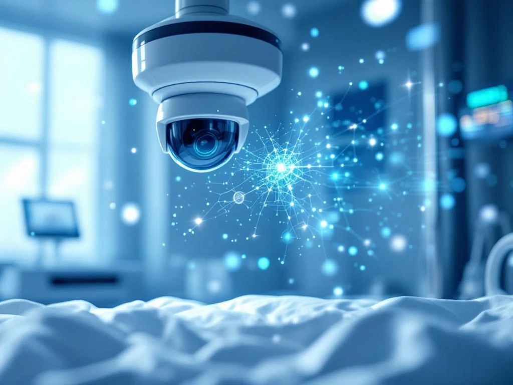Modern hospital room with AI monitoring camera and holographic data displays showing healthcare technology integration