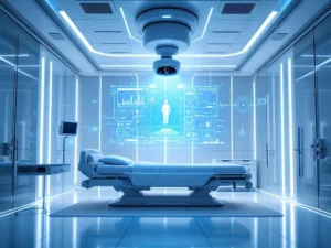 Futuristic hospital room with AI monitoring camera above empty bed, holographic health data displays, and blue ambient lighting.