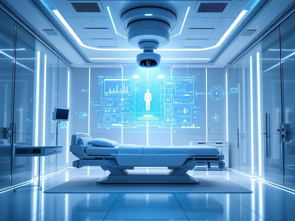 Futuristic hospital room with AI monitoring camera above empty bed, holographic health data displays, and blue ambient lighting.