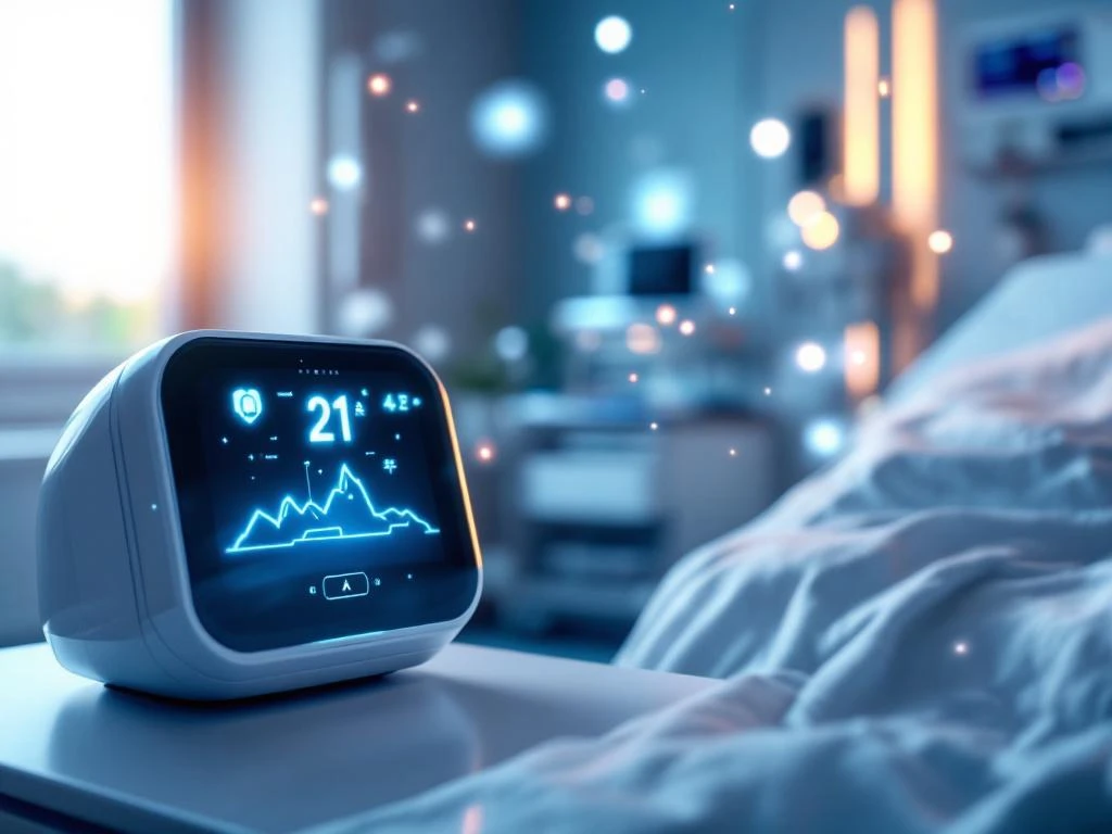 AI monitoring device with glowing sensors on hospital bedside table, holographic data streams in modern blue-lit room