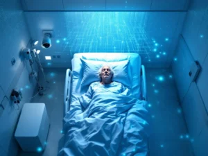 Elderly patient in modern hospital bed with AI monitoring system showing blue neural network patterns and safety camera technology