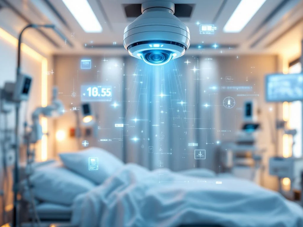 Modern hospital room with AI-enabled ceiling camera monitoring patient bed, featuring holographic data streams and blue LED indicators