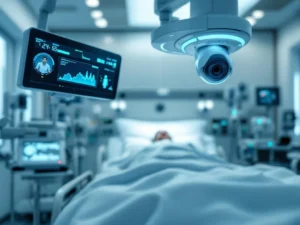 Modern hospital room with AI monitoring equipment displaying patient vitals, ceiling-mounted camera system, and blue LED indicators.